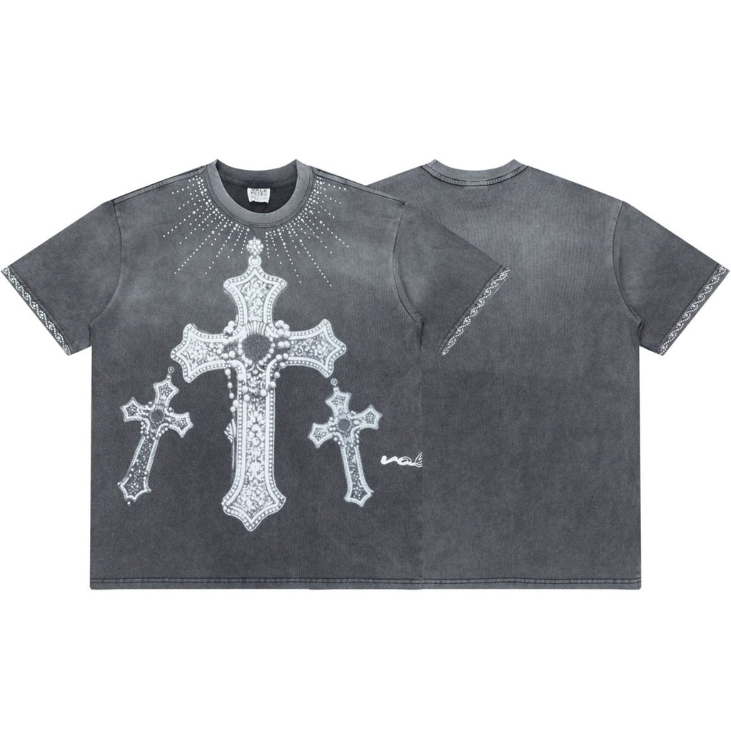 Vale Rhinestone Cross Vintage Wash Black Tee