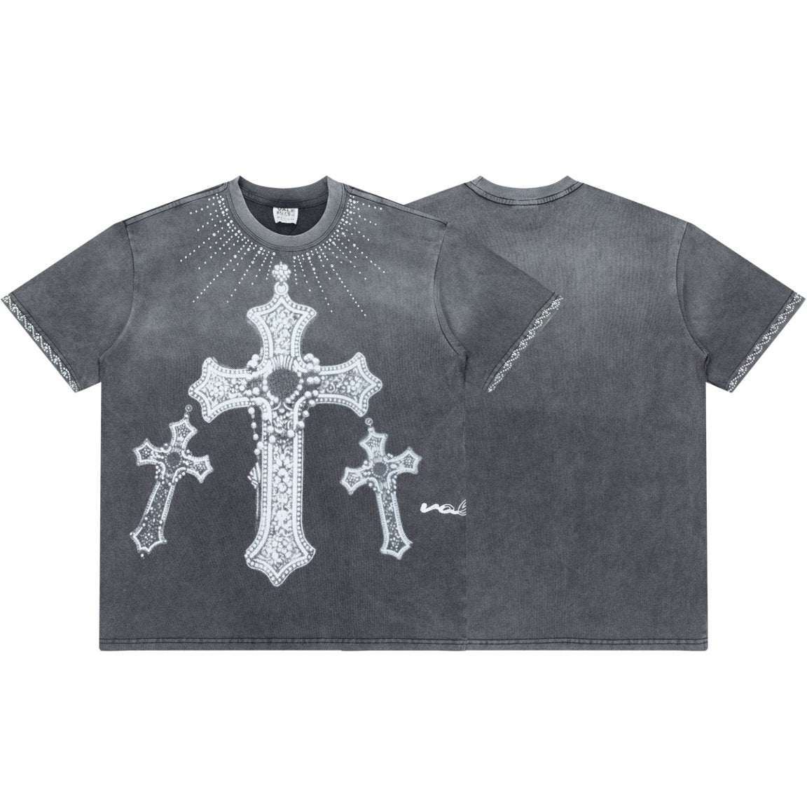 Vale Rhinestone Cross Vintage Wash Black Tee