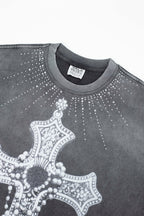 Vale Rhinestone Cross Vintage Wash Black Tee