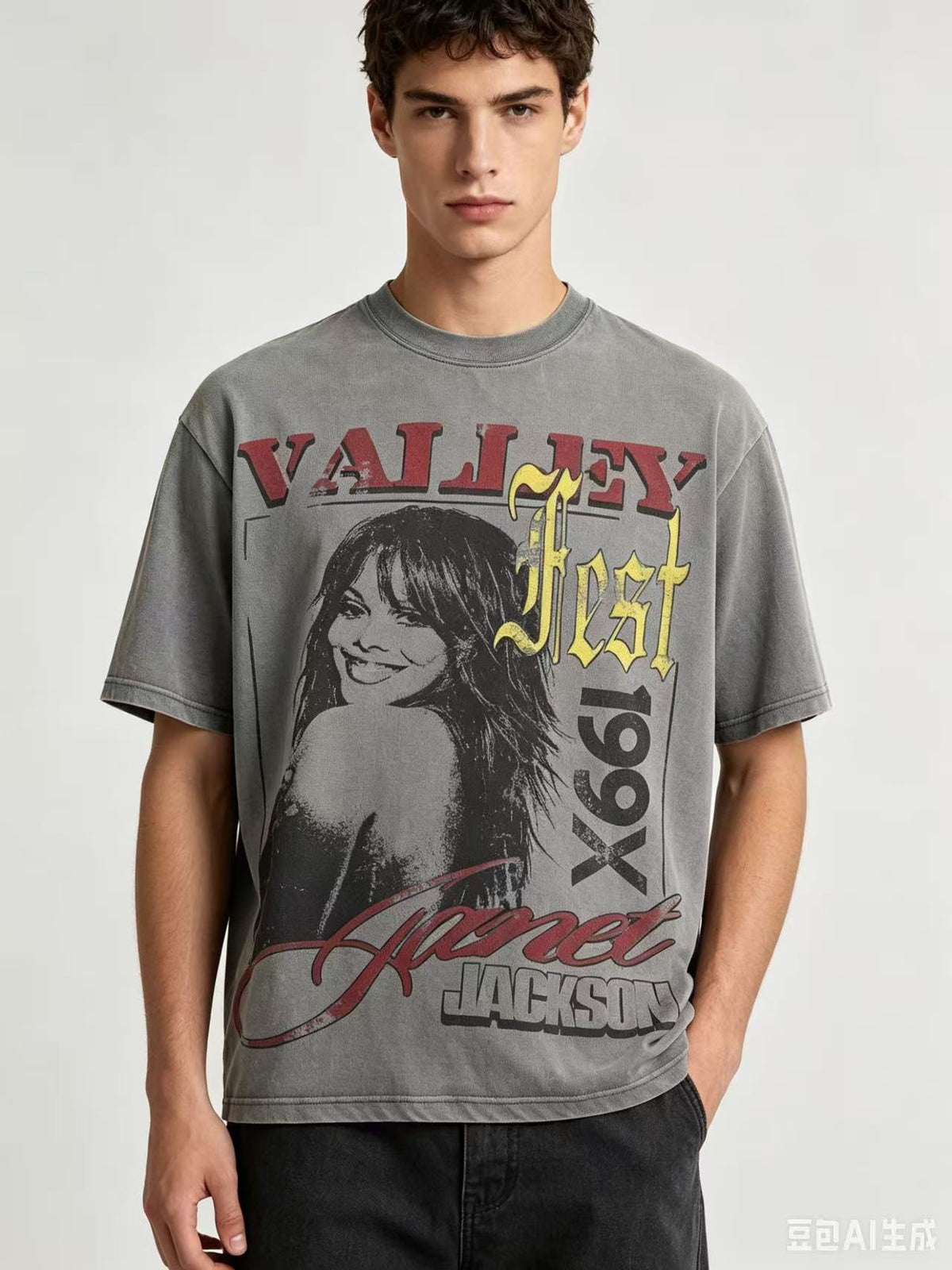 Vale Vintage Grey Washed‑Out Portrait Graphic Tee