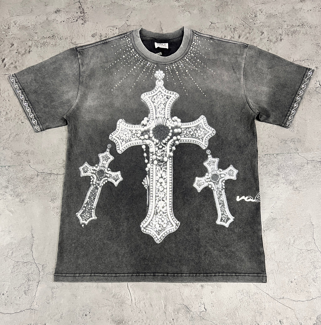 Vale Rhinestone Cross Vintage Wash Black Tee