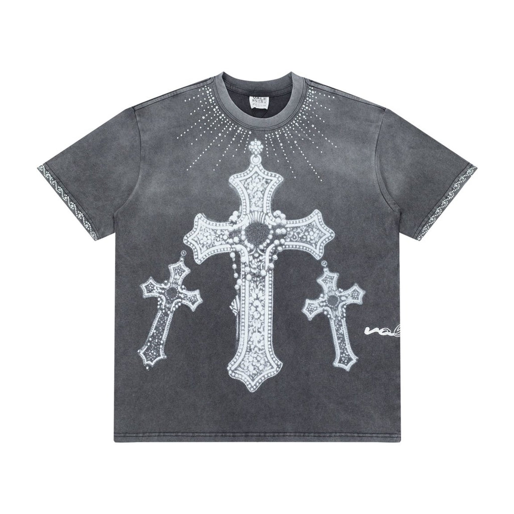 Vale Rhinestone Cross Vintage Wash Black Tee