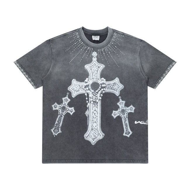 Vale Rhinestone Cross Vintage Wash Black Tee Main Image
