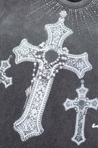 Vale Rhinestone Cross Vintage Wash Black Tee