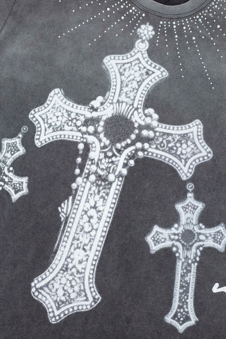 Vale Rhinestone Cross Vintage Wash Black Tee