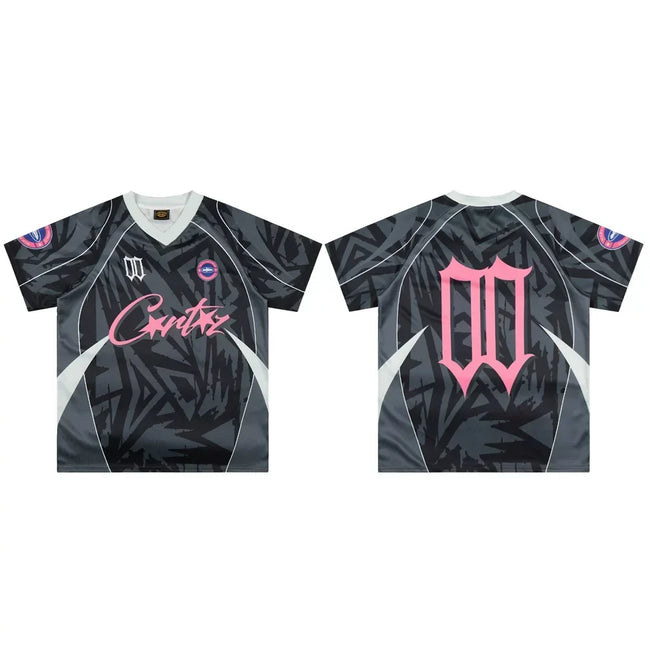 Corteiz Geometric Graphic Athletic Jersey T-Shirt - Black/Grey/Pink Hover Image